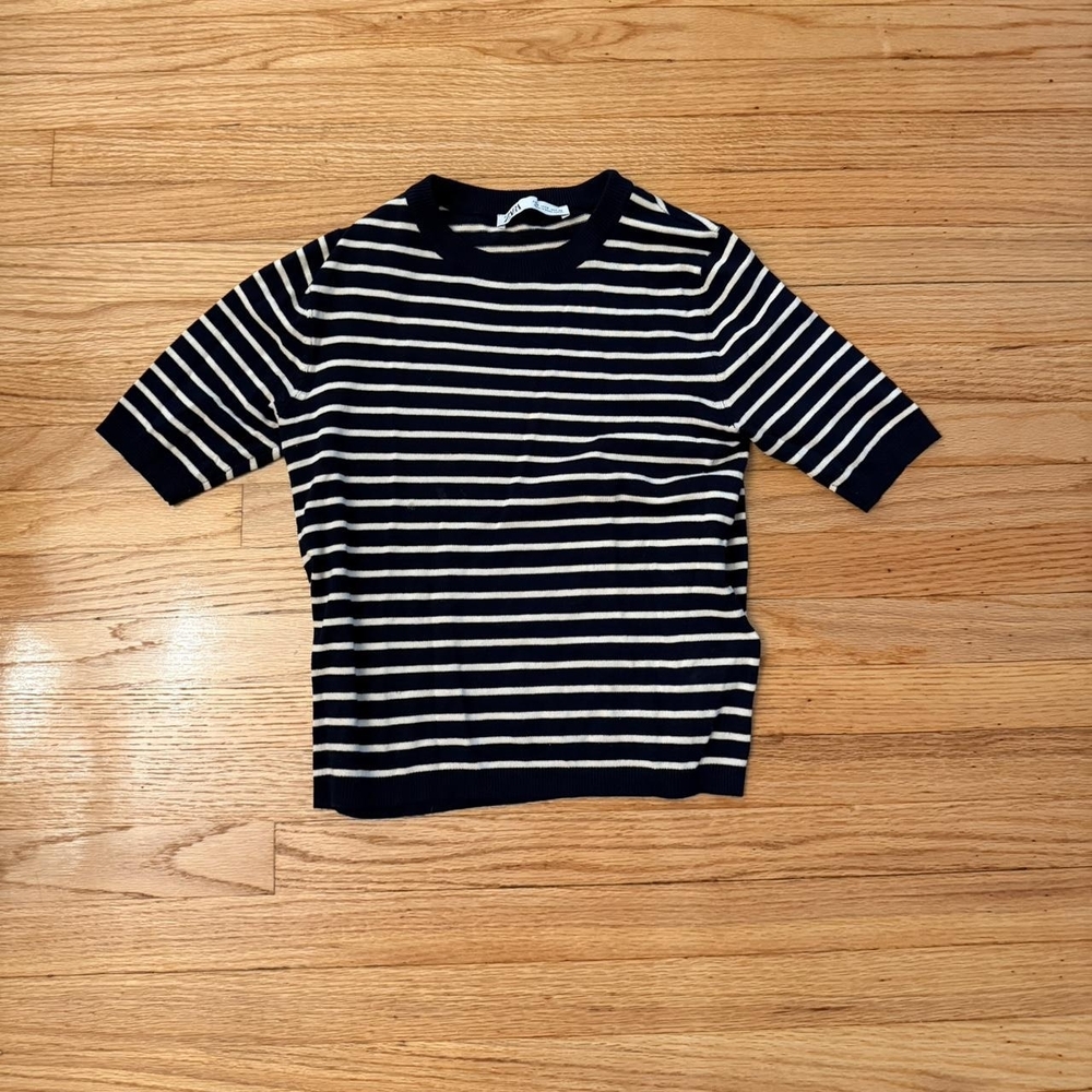 Zara Navy and White Striped Crop Top
